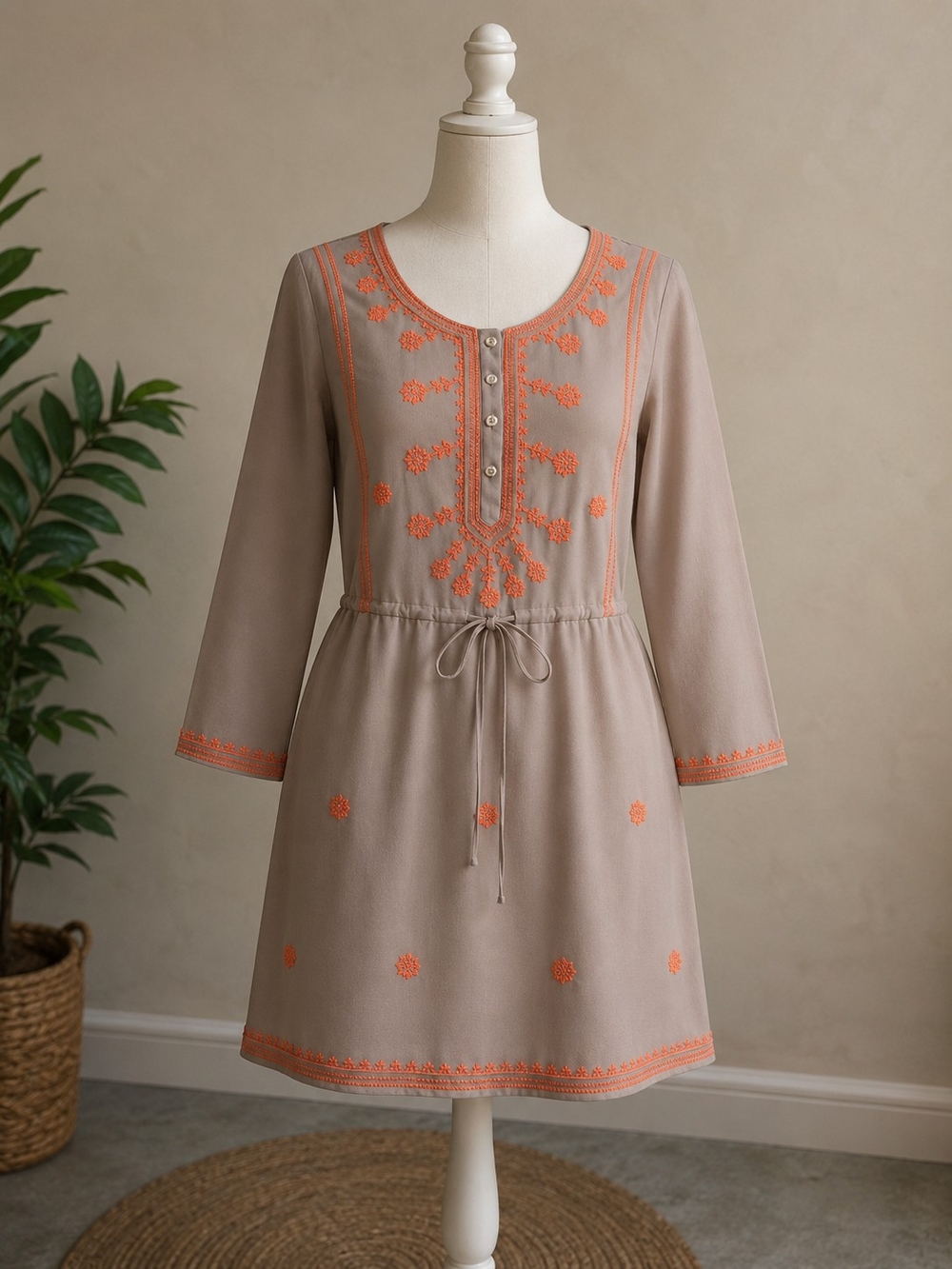 Esley Taupe Dress with Bright Embroidered Accents